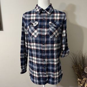 S&A Women's Blue Multicolor Plaid Flannel Button down Shirt Sz L Roll Tab Sleeve